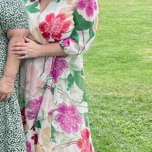 Maison Tara Cream Floral Maxi Dress with Pink, Red and Green Accents